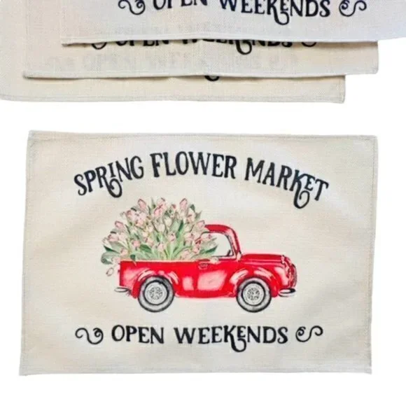FLOWER TRUCK Table Placemats SPRING Floral Country Farmhouse Home Decor Set Of 4