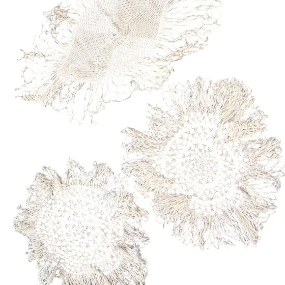Vintage Crochet Doilies Long Fringe Set Of 3 Ivory Farmhouse‎ Cottagecore Boho