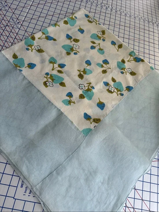 Vintage Handmade Strawberry Tablecloth 50x50 Blue Organdy Border Mid Century