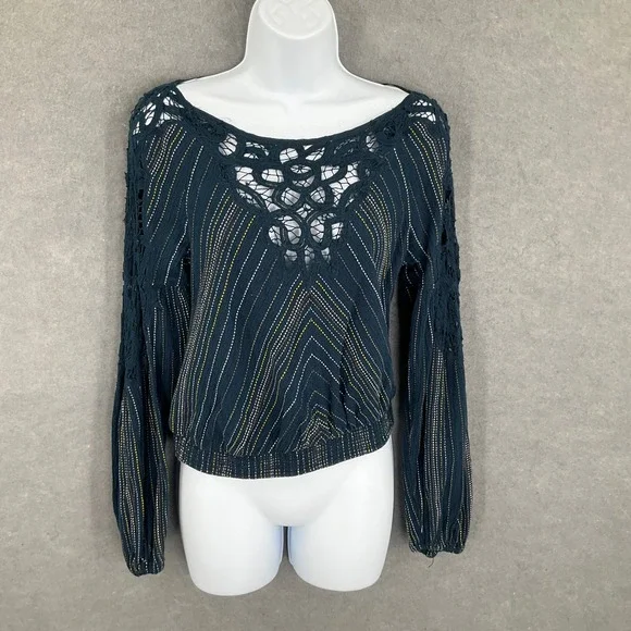 Free People Crochet Trim Striped Balloon Long Sleeve Embroidered Top‎ Boho XS