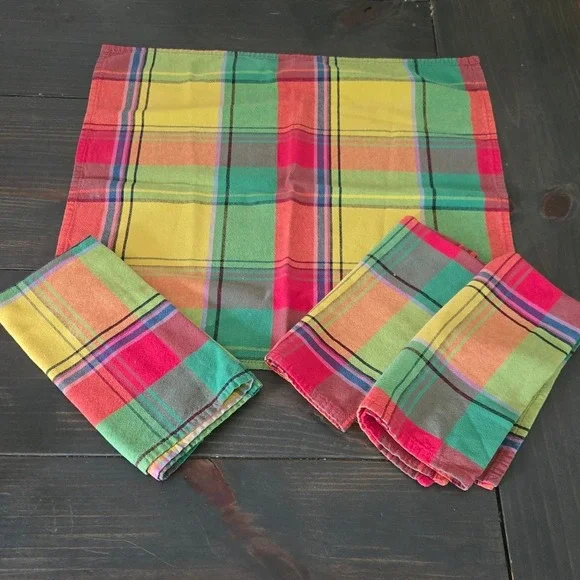 Set of 4 Vintage Madras Plaid Cotton Cloth Dinner Napkins 16x16 Multicolor
