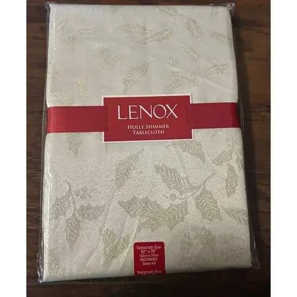 LENOX Holly Shimmer 52”x 70”Tablecloth Cream Gold‎ Shimmer Holly Leaves New