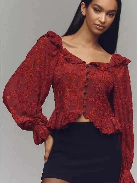 Anthropologie Red Textured Lace Puff-Sleeve Crop Blouse