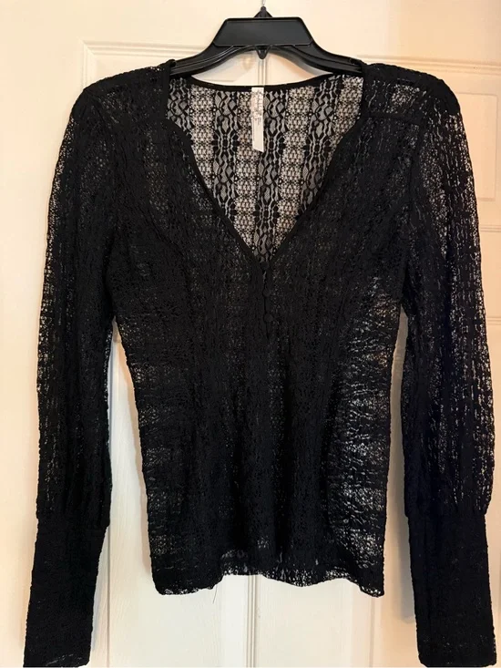 FP Black Lace Long Sleeve V-Neck Top