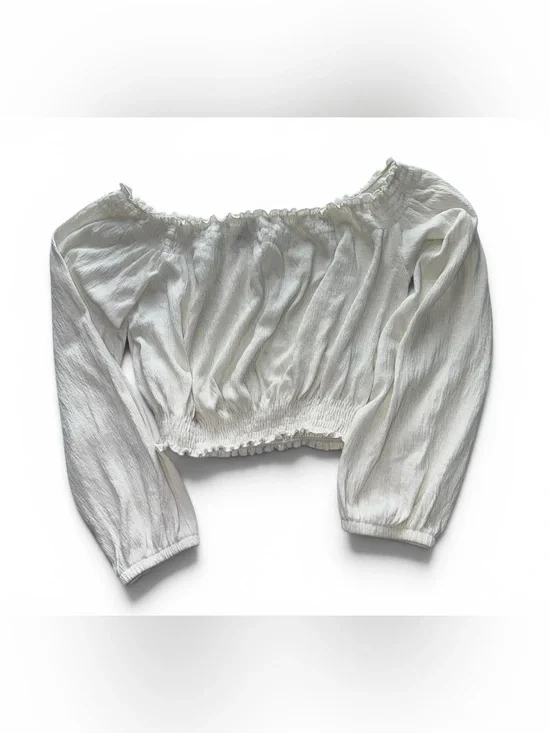 H&M White Off-Shoulder Smocked Waist Long-Sleeve Crop Top