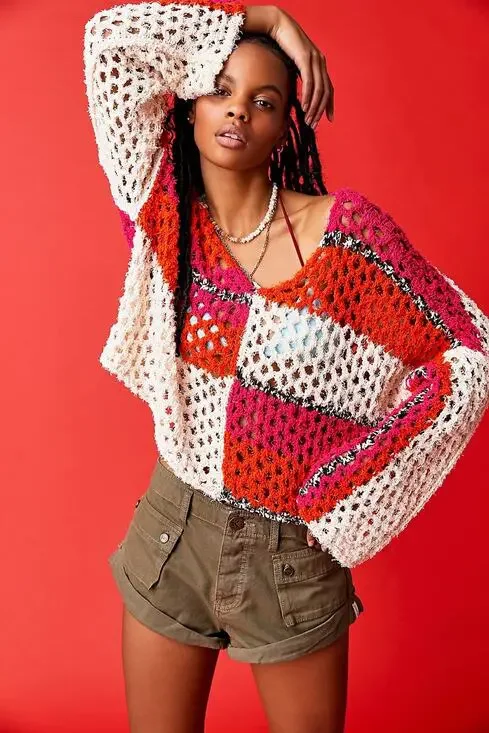 Free People Sail Away Sweater Open Knit Crochet Pullover Pink Red Cream Size S
