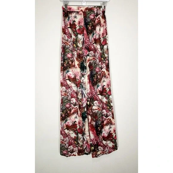 Pretty Little Thing Red Green Floral Renaissance Wide Leg Lightweight Trouser