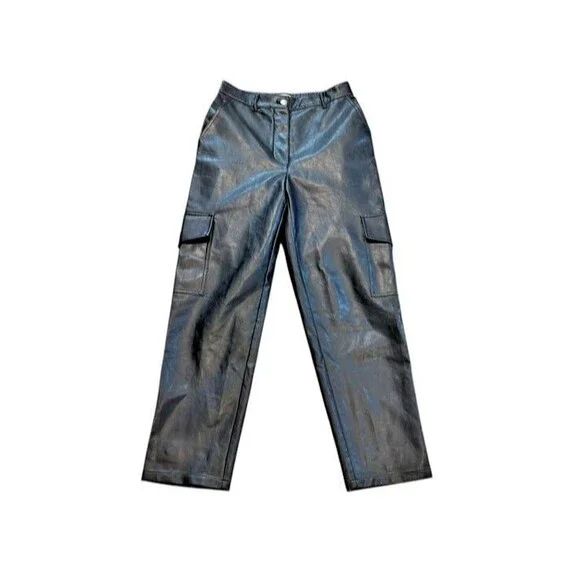 Aritzia Wilfred Black Faux Leather Cargo Pants Women's Size Small Moto Straight