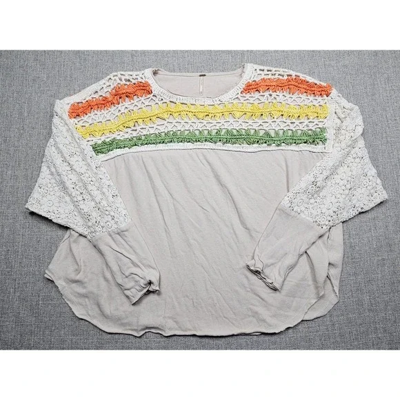 Free People Shirt Womens Medium Beige Crochet Lace Boho Long Sleeve Pullover Top