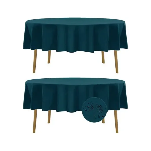 Set of 2, 70 Inch Round Tablecloth, Waterproof Fabric Table Cover (Peacock Blue)