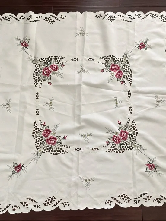 Vintage Embroidered Tablecloth 43” Square Rose Cut Out Design