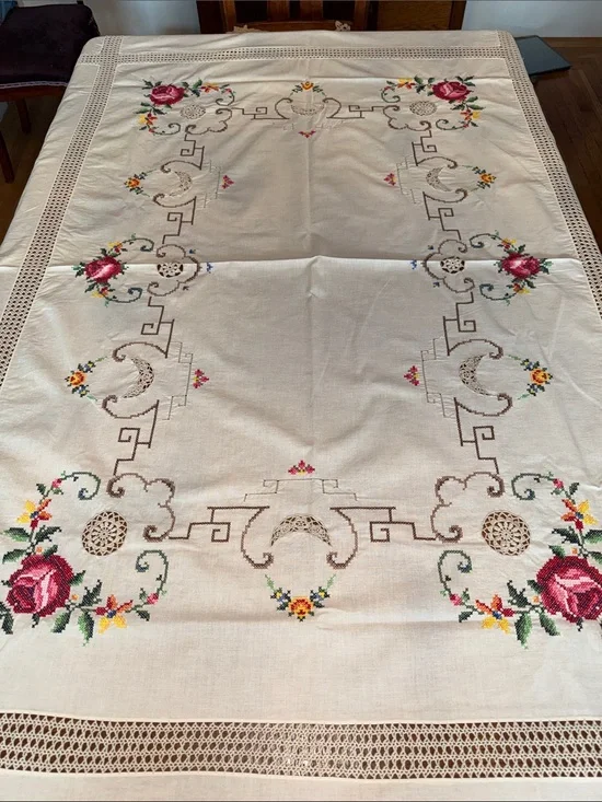 Vintage cotton embroidered tablecloth