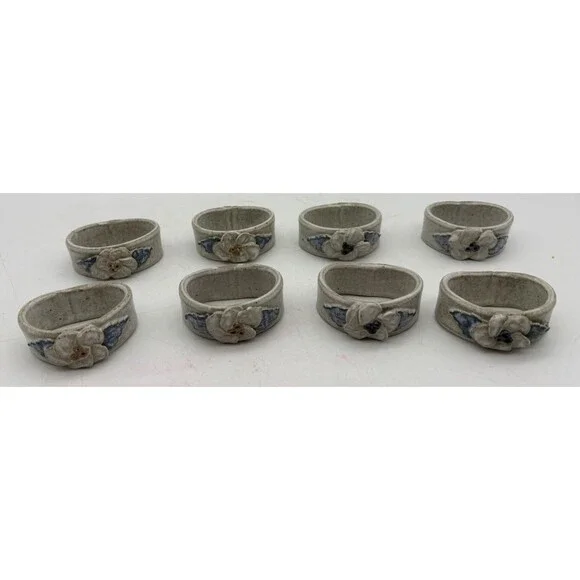 Set of 8 Handmade Studio Pottery Floral Stoneware Napkin Rings Rustic