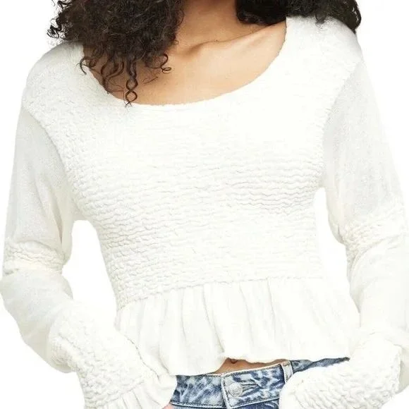 Free People Women's Free Spirit Smocked‎ Cream Peplum Top XS Boho Ethereal Fairy