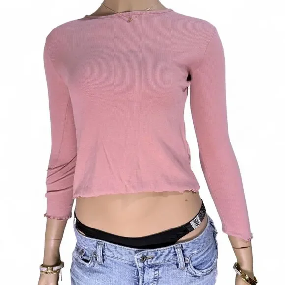 H&M Dusty Pink Ribbed Long Sleeve Top Womens M Lettuce Trim Hem Cropped Baby Tee