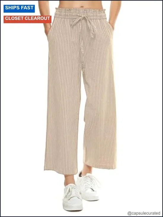 Linen Cotton Wide Leg High Waisted Drawstring Capri Pants with Pockets
