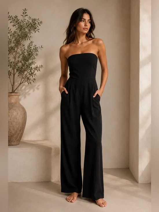 Aura The Label Cora Linen Cotton Strapless Wide Leg Jumpsuit Black XS Pockets