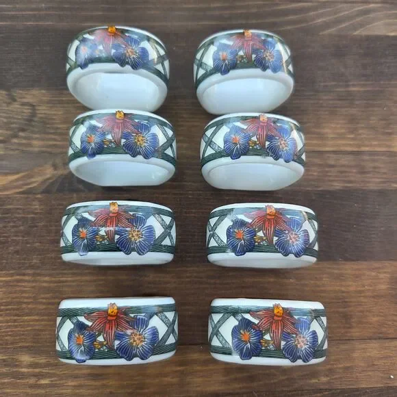 Dansk Porcelain Floral Napkin Rings Set of 8 Taiwan Table Decor