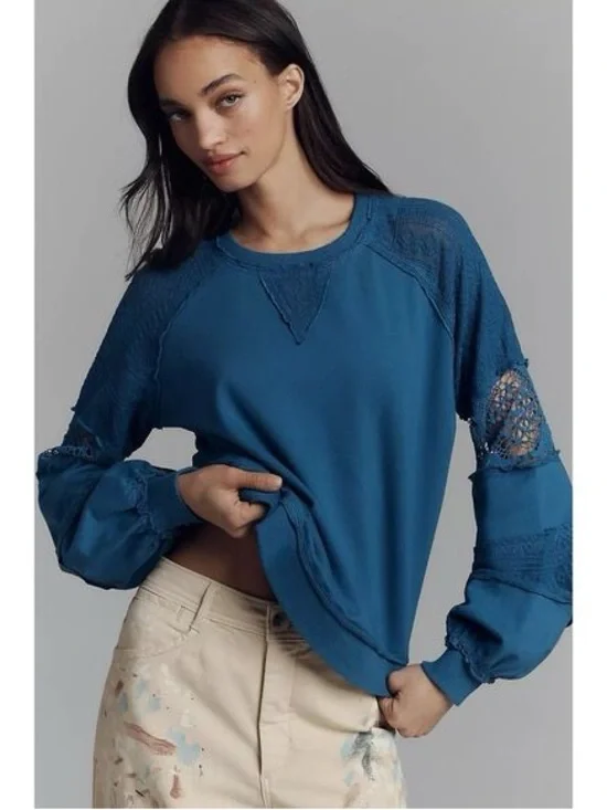 Anthropologie Lace Balloon Sleeve Pullover Cotton Top in Blue size XS