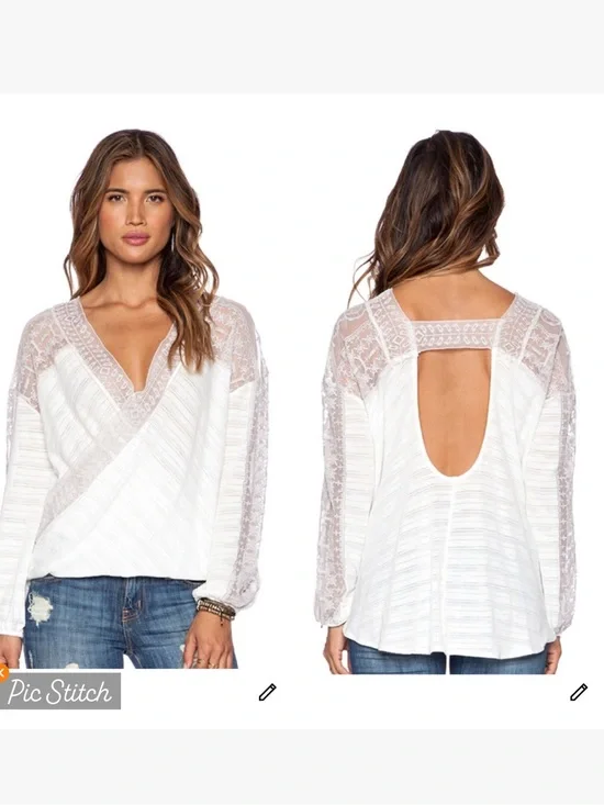 Free People Valley City Ivory Mesh Burnout Surplice Top