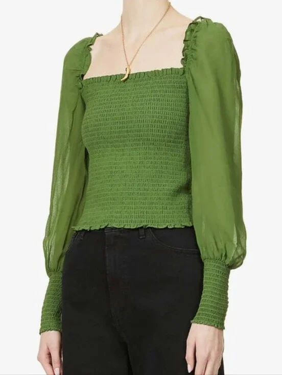Reformation Pinto Smocked Long Sleeve Puffy Blouse Amsterdam Green S