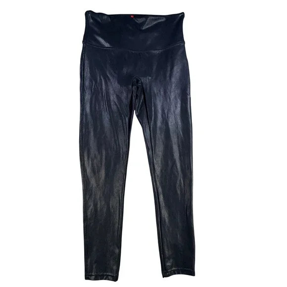 Spanx Leggings‎ Women L Petite Black Faux Leather High Waisted Shimmer Slimming