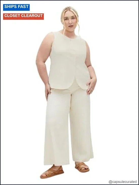 Plus Size Linen Blend Wide Leg Pants with Pockets