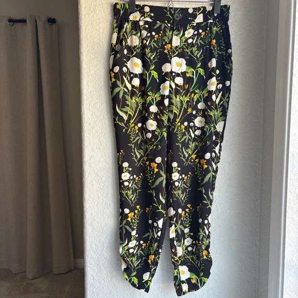 Cabi Women S‎ Floral Print Pants Elastic Waist Trousers Black Botanical Chi Chi