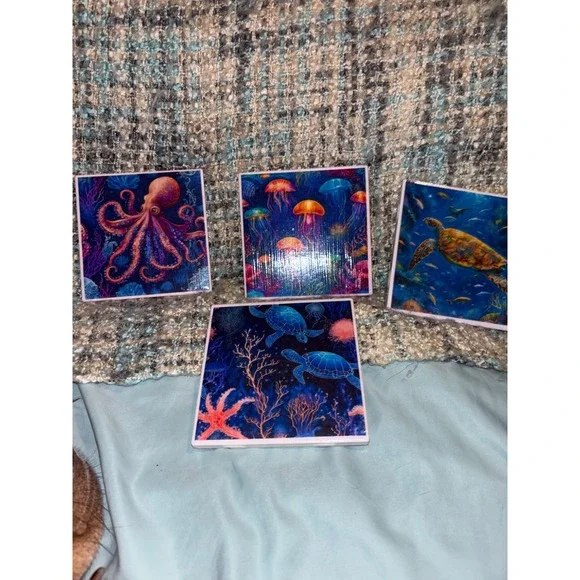 Set of 4 Marine Life Ceramic Coasters Octopus Jellyfish Sea Turtle 4x4 Coastal