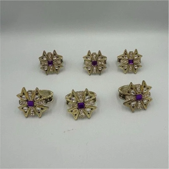 Set of 6 Gold Tone Starburst Beaded Napkin Rings w/ Purple Center Accent