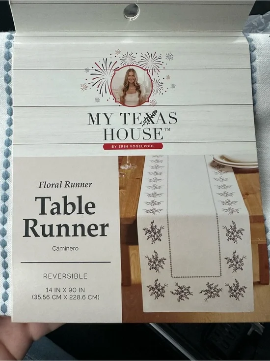 My Texas House White and Blue Reversible Floral Table Runner