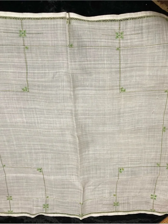 Vintage Embroidered Sheer  White Linen Tablecloth with Green Accents 33” square