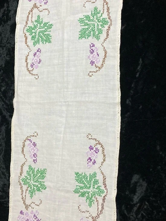 Embroidered Linen Runner with Green and Purple Motif 38x13”