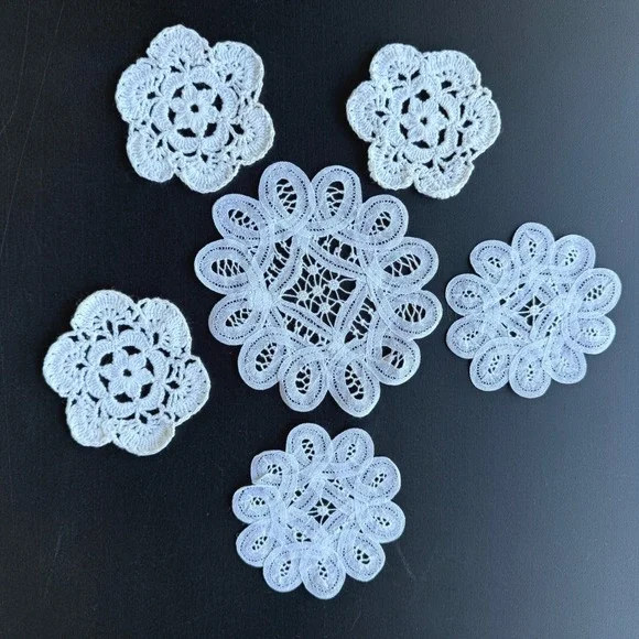 Vintage White Lace Doily Set Floral Crochet Battenburg Lace Coasters 6pc