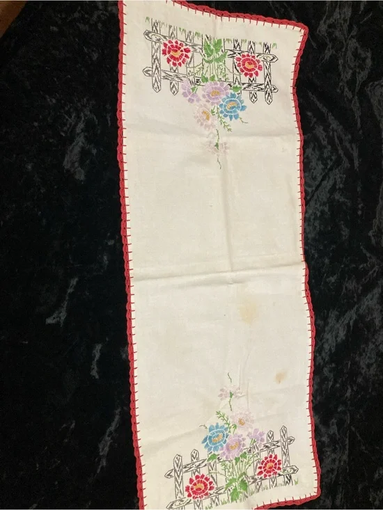 Embroidered Floral Table Runner with Red Trim Flowered