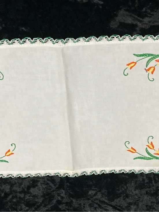Vintage Embroidered Cotton Table Runner with Orange Floral Accents 36x13”
