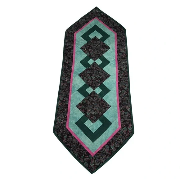 Quilted Table Runner Geometric Diamond Patchwork Decor Teal‎ Green Pink Accent