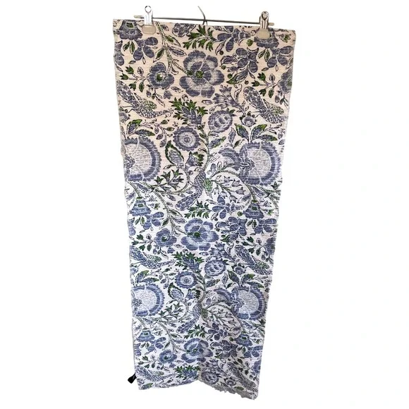 Rachel Zoe Blue Green Floral Block Print Cotton Table Runner 17x88 Frayed Edge