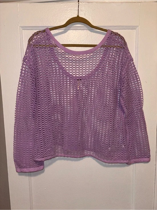 Free People Lavendar Purple Crochet Long Sleeve Top Medium Beach Coverup Swim