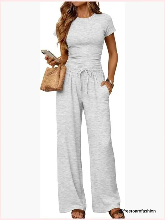Two Piece Lounge Set - Short Sleeve Top & Wide Leg Pants - Workout Sweatsuit