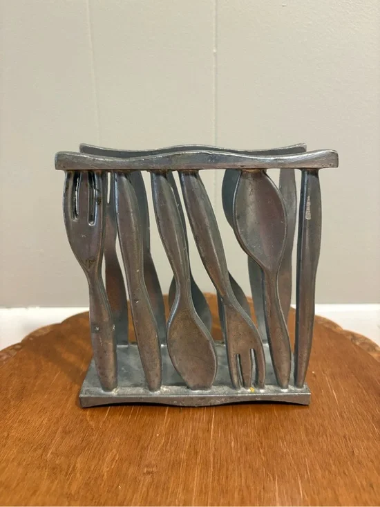 MCM Pewter Napkin Holder - Forks and Spoons