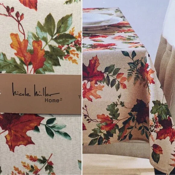 Nicole Miller Vibrant Fall Leaves Tablecloth Watercolor Thanksgiving Decor 70
