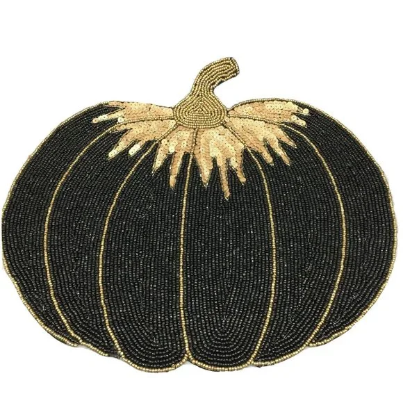 x2 Nicole Miller Halloween Beaded Pumpkin Placemat Set Black Gold Designer Decor