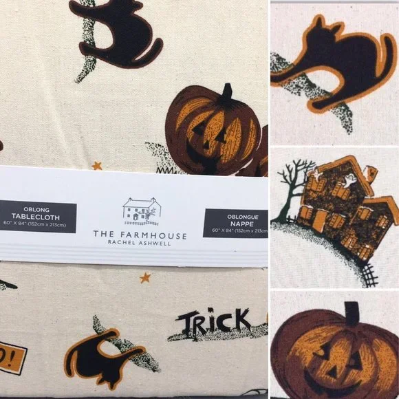 Rachel Ashwell Primitive Halloween Tablecloth Haunted House Pumpkin Cat 60x84