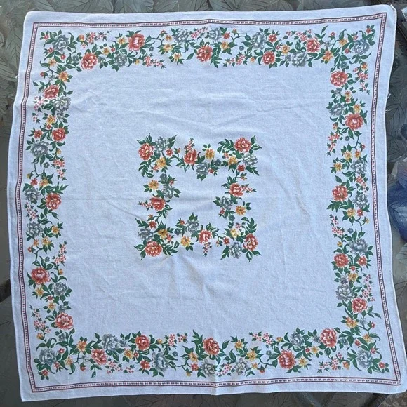 Vintage Floral Square Tablecloth White Cotton Linen Blend Orange Blue Green 33