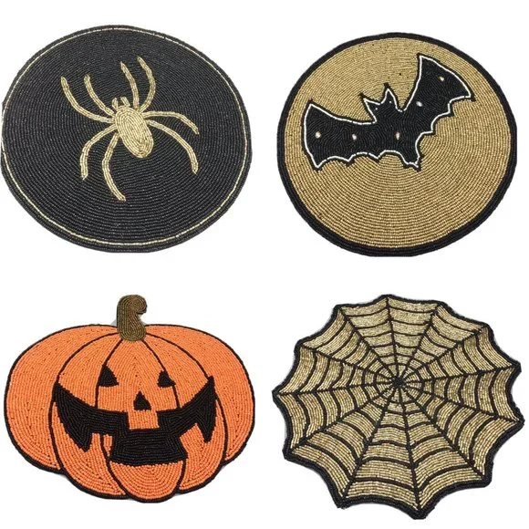 4pc Tahari Halloween Beaded Placemat Set Bat Pumpkin Spiderweb Spider Gold Black