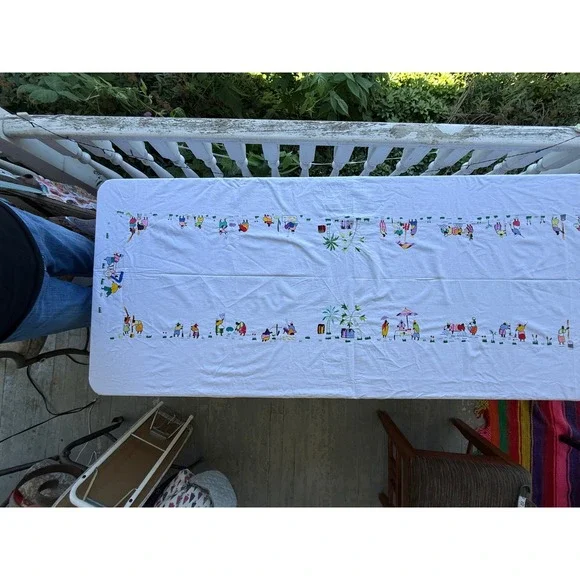 Vintage Hand Embroidered Linen Tablecloth & 12 Napkins Tropical Folk Art Set