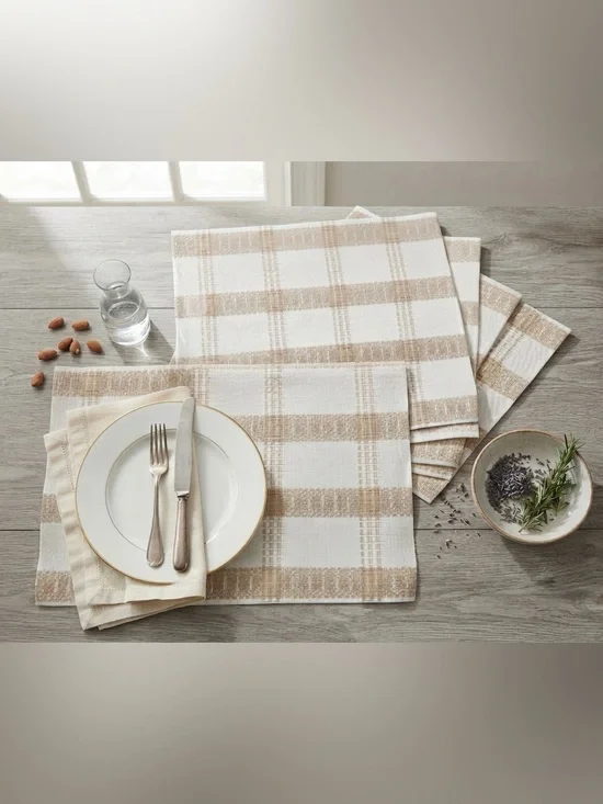 Neutral Plaid Cotton Blend Placemats and Napkins - Beige & Cream
