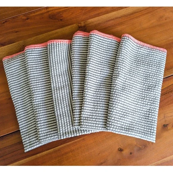 Kim Seybert Set of 6 Seersucker Cotton Dinner Napkins Gray Pink 20x20 Striped