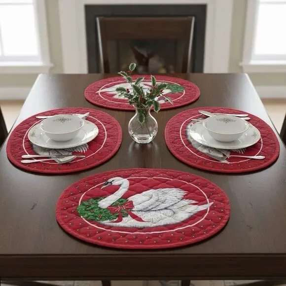 Set of 4 Vintage 1980s Christmas Holiday Goose Quilted Placemats Cottagecore Red